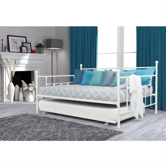 Full size White Metal Daybed with Twin Roll-out Trundle Bed - Deals Kiosk