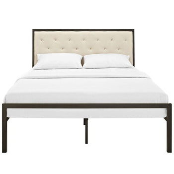 Full size Metal Platform Bed Frame with Beige Button Tufted Fabric Headboard - Deals Kiosk