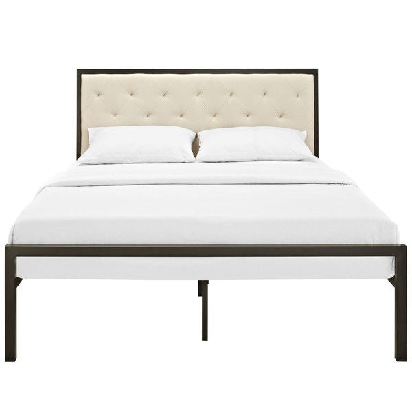 Full size Metal Platform Bed Frame with Beige Button Tufted Fabric Headboard - Deals Kiosk
