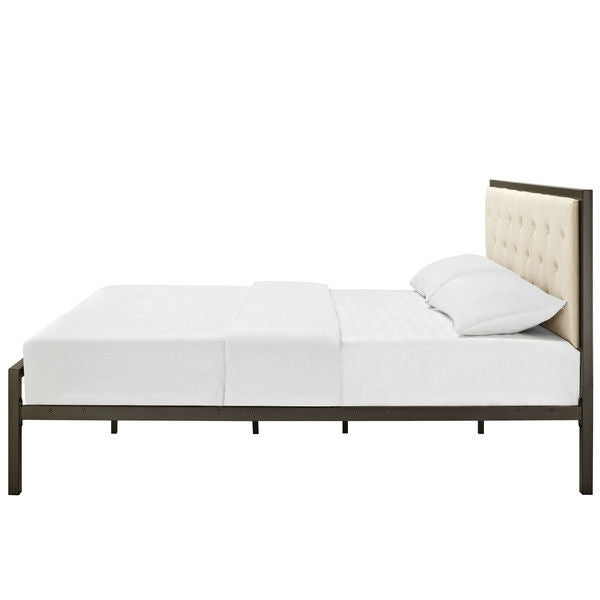 Full size Metal Platform Bed Frame with Beige Button Tufted Fabric Headboard - Deals Kiosk