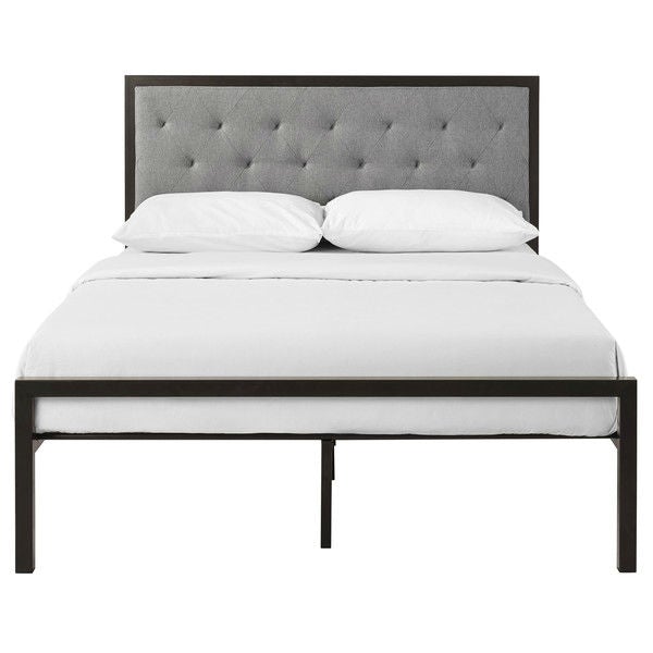 Full Metal Platform Bed with Grey Upholstered Button Tufted Fabric Headboard - Deals Kiosk