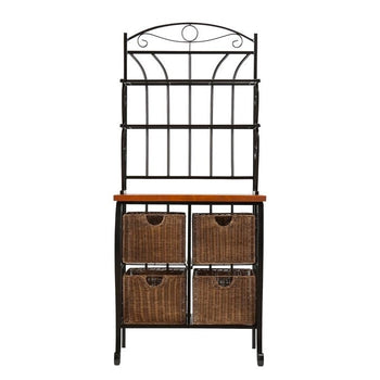 Farmhouse 4 Basket Stainless Steel Wood Top Kitchen Baker's Rack - Deals Kiosk