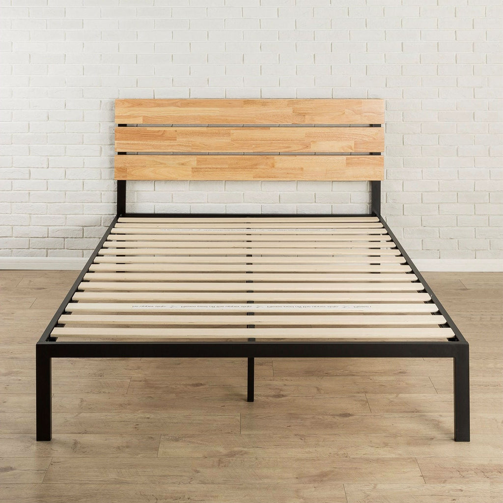 Full size Metal Platform Bed Frame with Wood Slats and Headboard