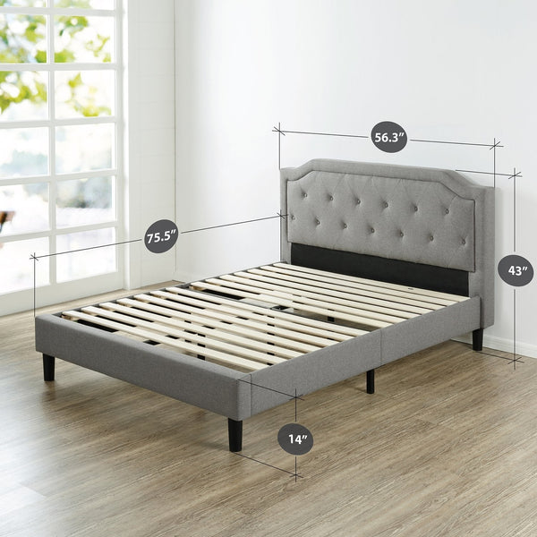 Full size Grey Upholstered Platform Bed with Classic Button Tufted Headboard - Deals Kiosk