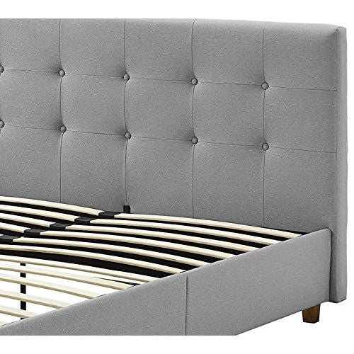 Full size Grey Linen Upholstered Platform Bed with Button-Tufted Headboard - Deals Kiosk