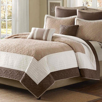 Full / Queen Brown Ivory Tan Cream 7 Piece Quilt Coverlet Bedspread Set - Deals Kiosk