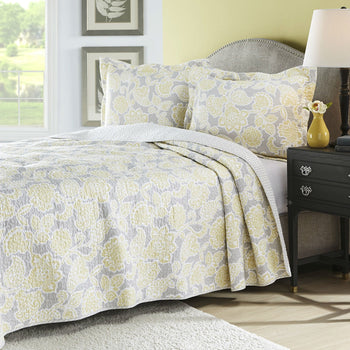 Full / Queen 3 Piece Lightweight Floral Yellow Gray Quilt Coverlet Set - Deals Kiosk