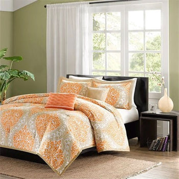 Full size Orange Damask Comforter Set with 2 Shams and 2 Decorative Pillows - Deals Kiosk