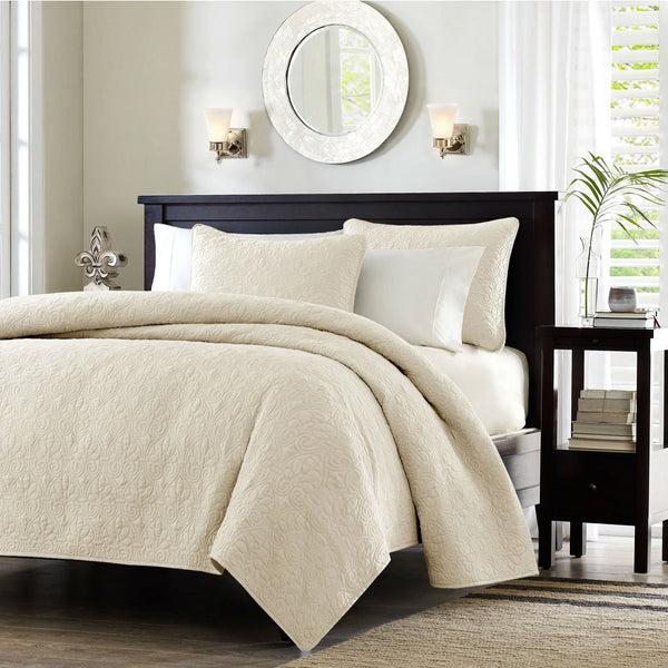 Full / Queen Ivory Beige Quilted Coverlet Quilt Set with 2 Shams - Deals Kiosk