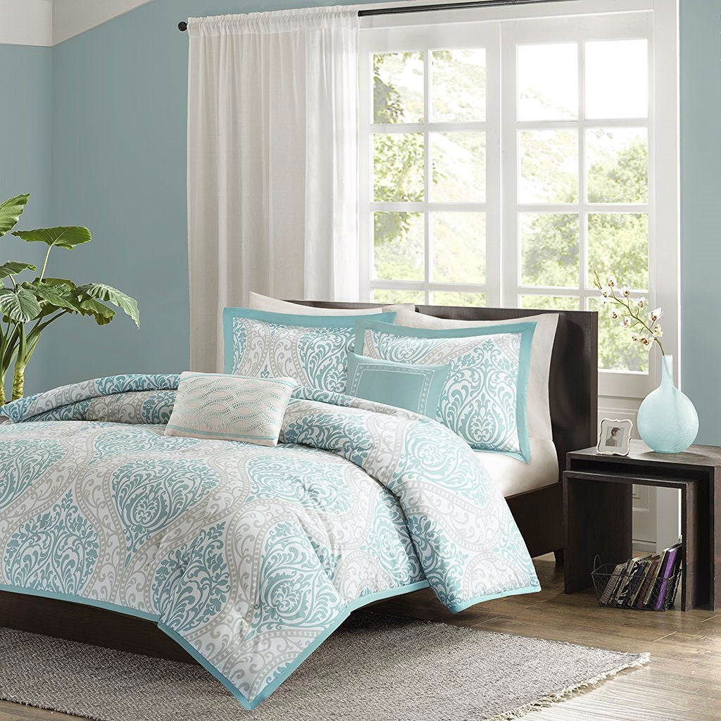 Full / Queen size 5-Piece Damask Comforter Set in Light Blue White and Grey - Deals Kiosk