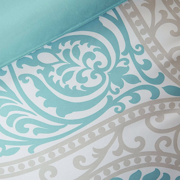 Full / Queen size 5-Piece Damask Comforter Set in Light Blue White and Grey - Deals Kiosk