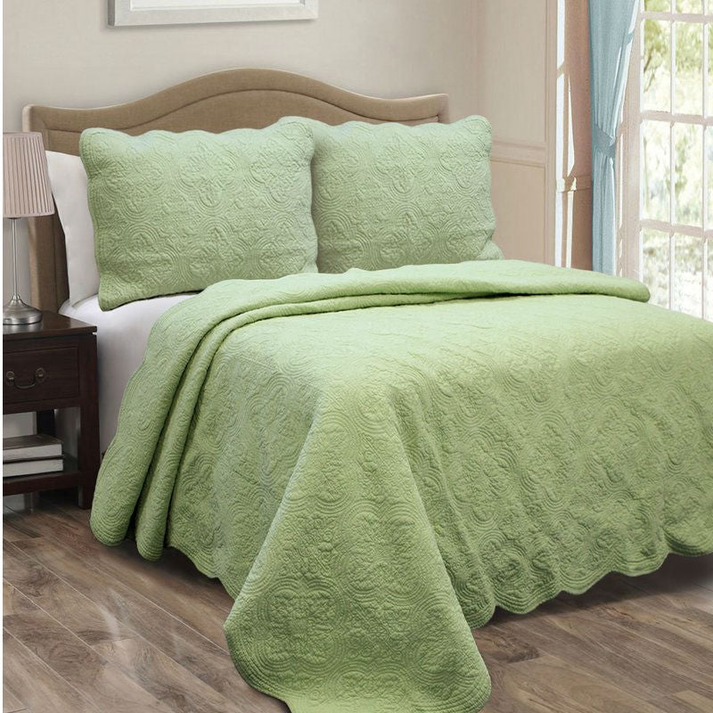 Full Queen Green Cotton Quilt Bedspread with Scalloped Borders - Deals Kiosk