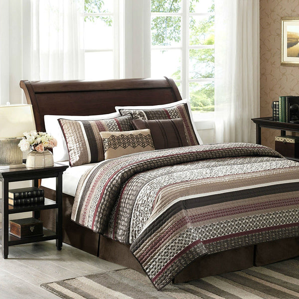 Full / Queen Red Cream Espresso Leaf Stripped 5-Piece Quilt Coverlet Set