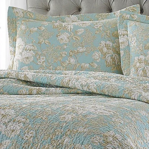 Full / Queen 3-Piece Cotton Quilt Set in Seafoam Blue Beige Floral Pattern - Deals Kiosk