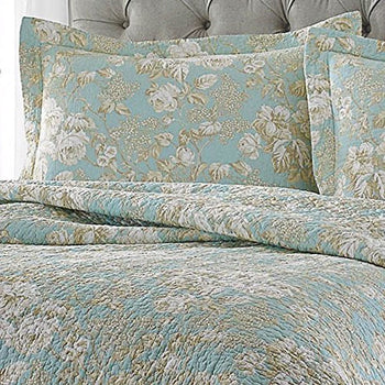Full / Queen 3-Piece Cotton Quilt Set in Seafoam Blue Beige Floral Pattern - Deals Kiosk