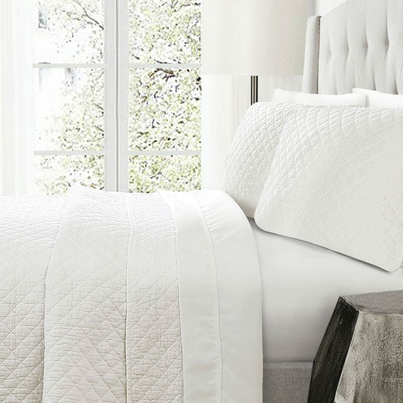 Full/Queen White 100% Cotton Square Stitch Quilt Set - Deals Kiosk