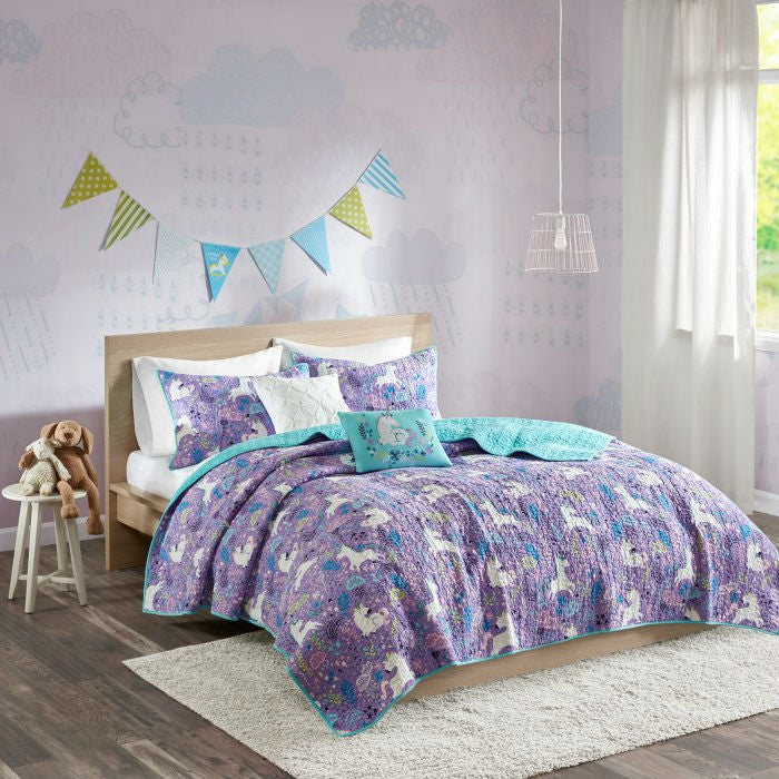 Full/Queen 100% Cotton Kids Teal Purple Unicorn Quilt Coverlet Bedspread Set - Deals Kiosk