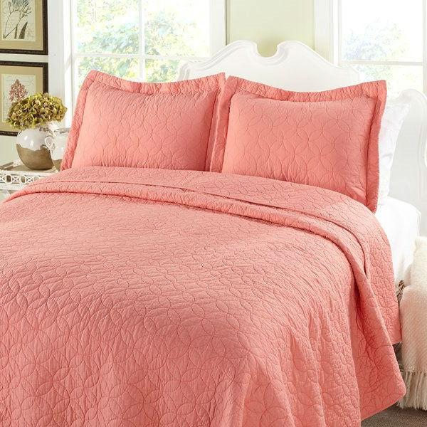 Full/Queen Coral Pink Geometric 100% Cotton Reversible Quilt Coverlet Bedspread Set