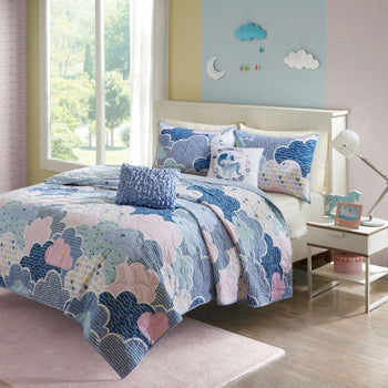 Full/Queen Kids Blue Pink Unicorn Clouds Quilt Coverlet Bedspread Set - Deals Kiosk