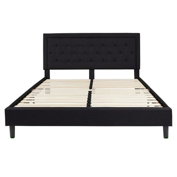King Black Fabric Upholstered Platform Bed Frame with Button Tufted Headboard - Deals Kiosk