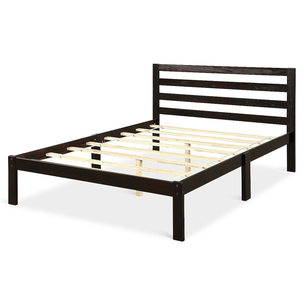 Full size Wooden Platform Bed Frame with Headboard in Espresso - Deals Kiosk