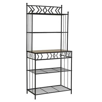 Kitchen Bakers Rack in Black Metal with Marble Finish Top