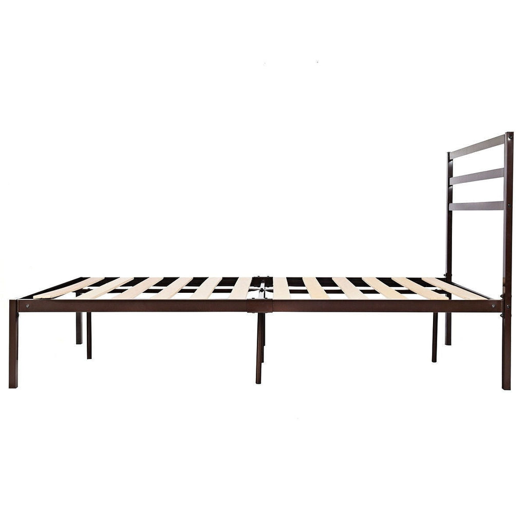 Full Steel Platform Bed Frame with Headboard in Dark Brown Metal Finish - Deals Kiosk