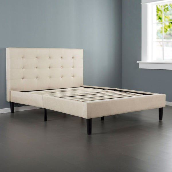 Full size Platform Bed Frame with Taupe Button Tufted Upholstered Headboard - Deals Kiosk