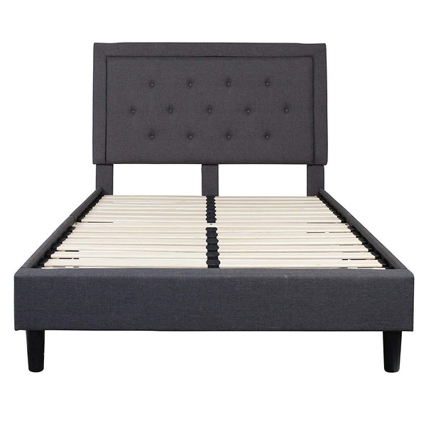 Full size Dark Grey Fabric Upholstered Platform Bed Frame with Tufted Headboard - Deals Kiosk