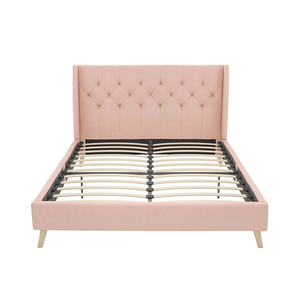 Full size Pink Linen Upholstered Mid-Century Style Platform Bed - Deals Kiosk
