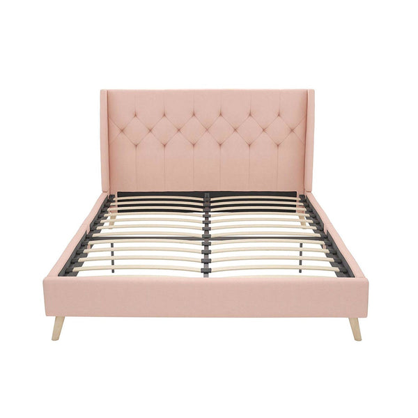 Full size Pink Linen Upholstered Mid-Century Style Platform Bed - Deals Kiosk