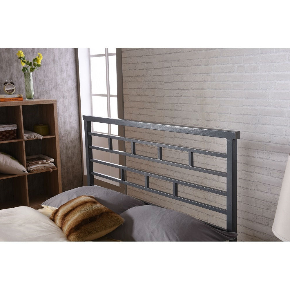 Full Metal Platform Bed Frame with Headboard in Modern Titanium Silver Finish - Deals Kiosk