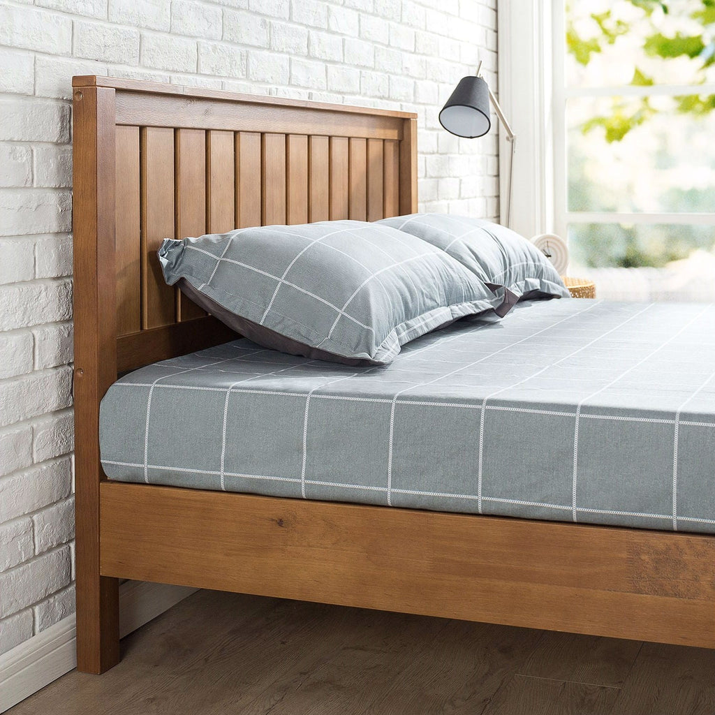 Full size Solid Wood Platform Bed Frame with Headboard in Medium Brown Finish - Deals Kiosk