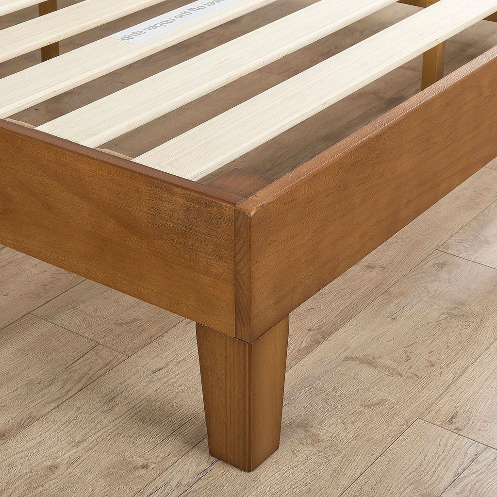 Full size Solid Wood Platform Bed Frame with Headboard in Medium Brown Finish - Deals Kiosk