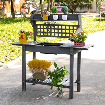Outdoor Grey Wood Potting Bench Expandable Top with Food Grade Plastic Sink - Deals Kiosk