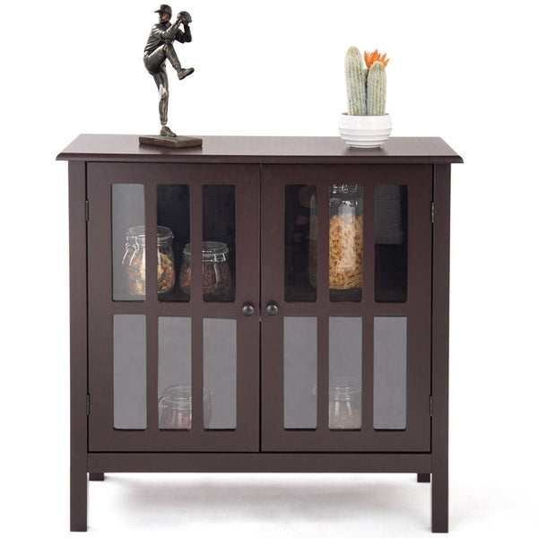 Brown Wood Sideboard Buffet Cabinet with Glass Panel Doors - Deals Kiosk