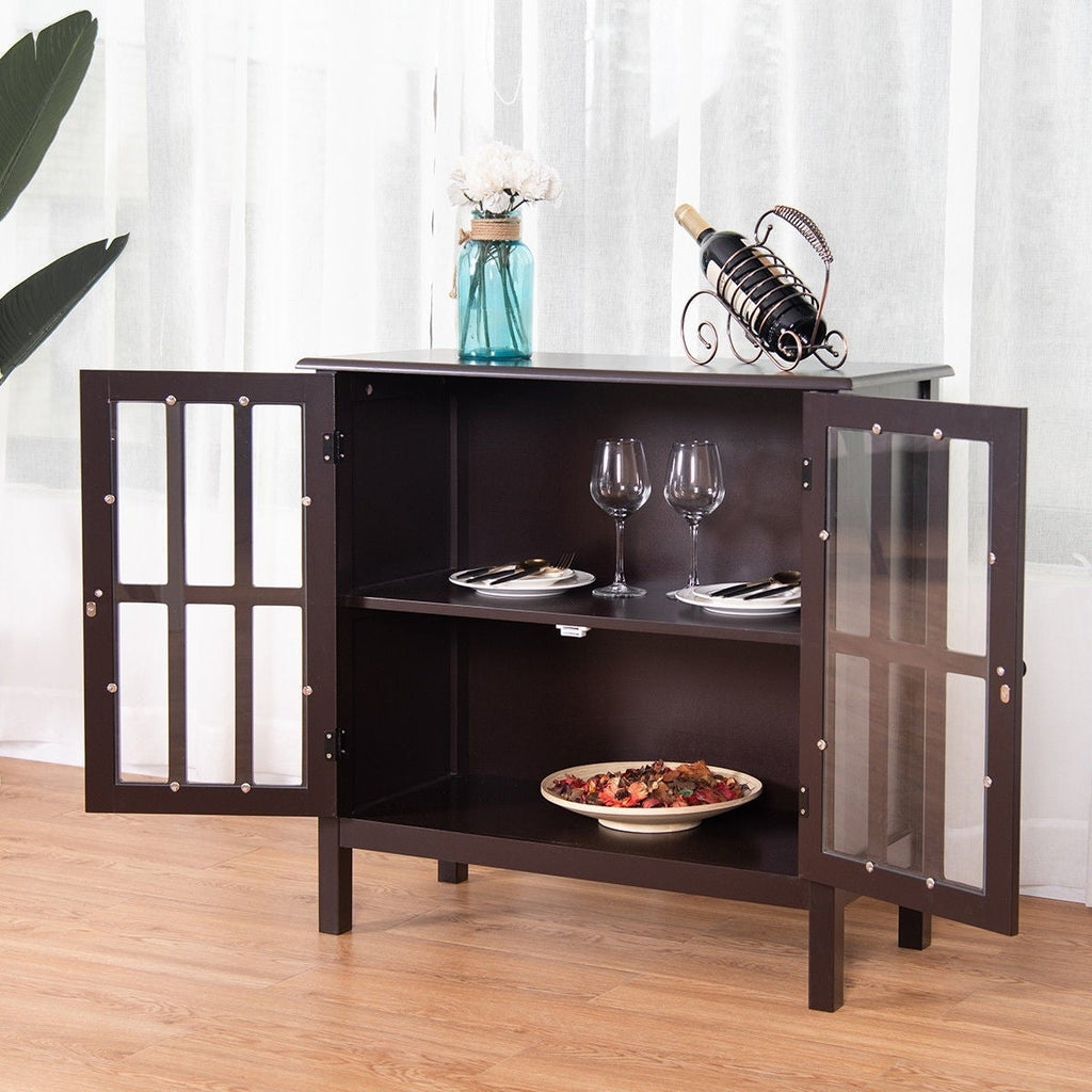 Brown Wood Sideboard Buffet Cabinet with Glass Panel Doors - Deals Kiosk