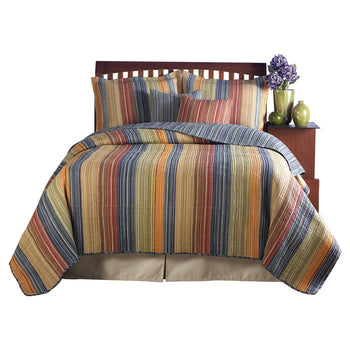 Full / Queen 100% Cotton Quilt Set with Red Orange Blue Brown Stripes - Deals Kiosk