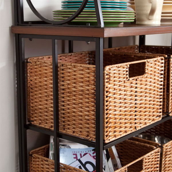 Durable Metal and Wood Bakers Rack with Classic Wicker Basket Storage - Deals Kiosk