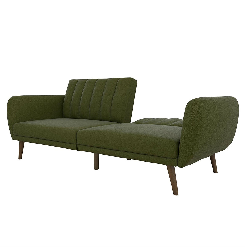 Green Linen Upholstered Futon Sofa Bed with Mid-Century Style Wooden Legs - Deals Kiosk