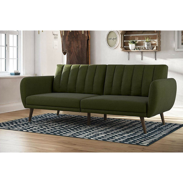 Green Linen Upholstered Futon Sofa Bed with Mid-Century Style Wooden Legs - Deals Kiosk