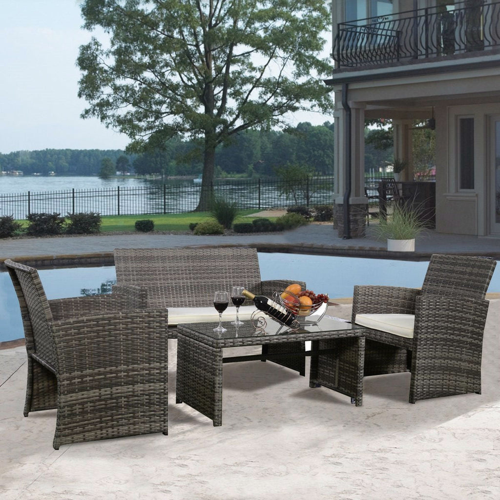 Grey Resin Wicker Rattan 4-Piece Patio Furniture Set with Seat Cushions - Deals Kiosk