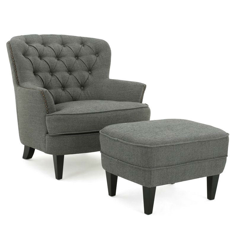 Gray Mid-Century Tufted Upholstered Club Armchair with Ottoman