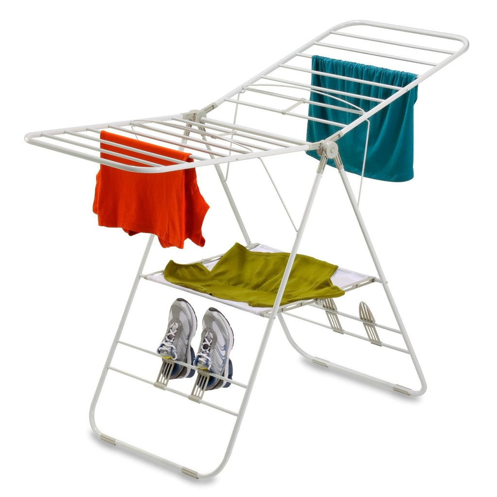 Heavy Duty Metal Folding Laundry Drying Rack with Shoe Holders in White