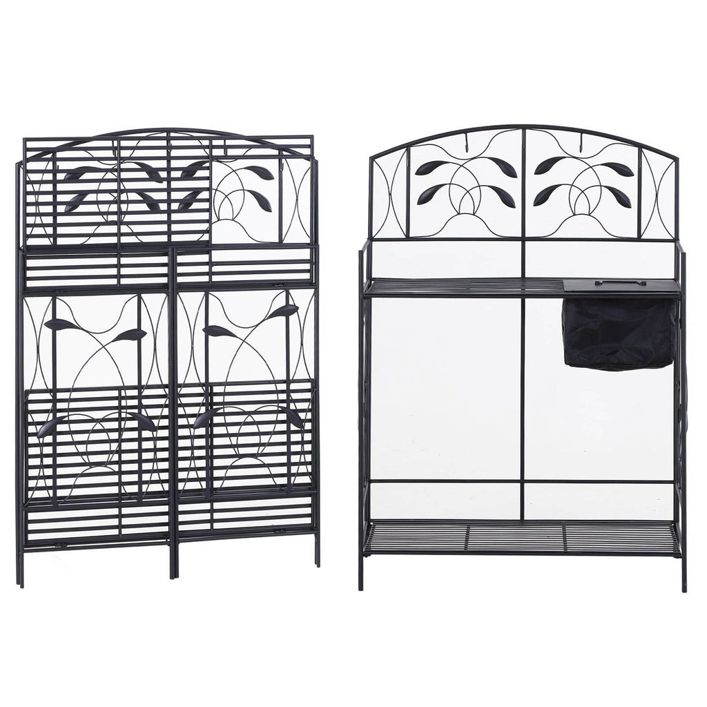 Black Metal Potting Bench with Wrought Iron Vine Accents and Fabric Potting Sink - Deals Kiosk
