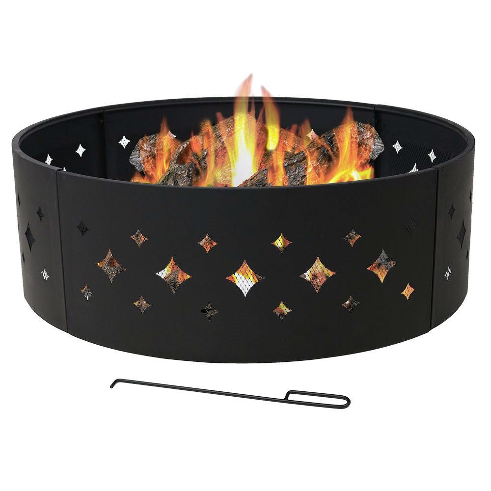 Heavy Duty 36-inch Black Steel Fire Pit Ring with Diamond Pattern