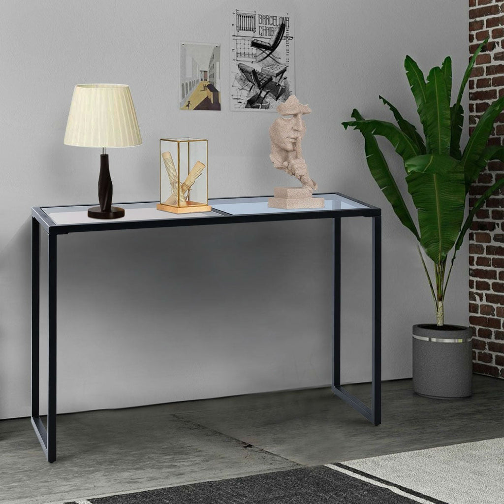 Iron Frame Console Sofa Table with Blue and Tan Tempered Glass Top - Deals Kiosk
