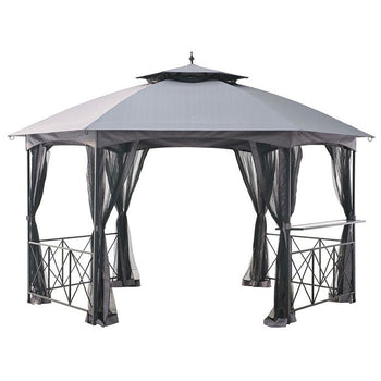 13Ft x 14Ft Hexagon Gazebo Canopy with Bar Shelf and Mosquito Netting - Deals Kiosk