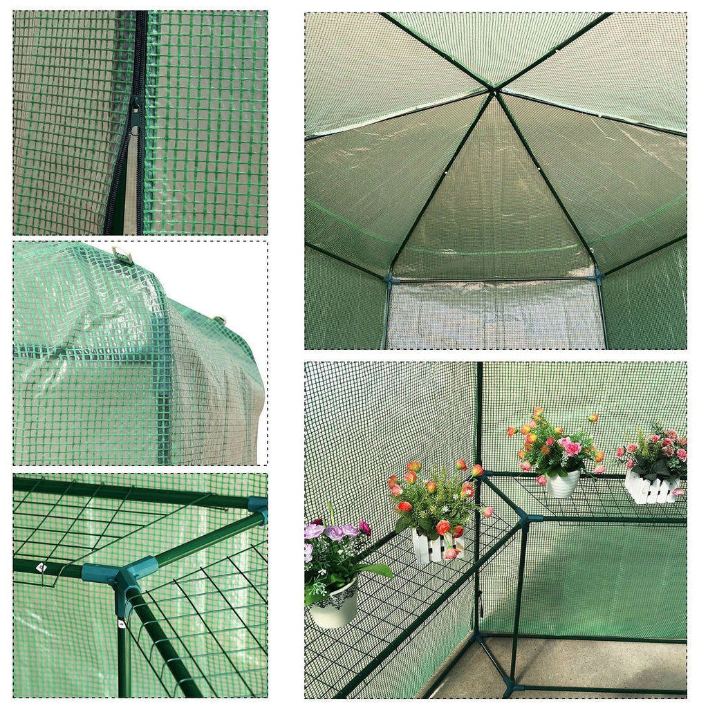 Outdoor Hexagon Greenhouse 6.5 x 7 Ft with Steel Frame PE Cover and Shelves - Deals Kiosk