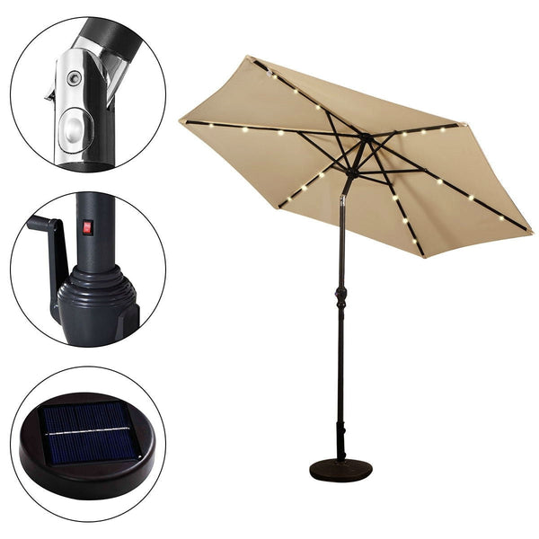 Beige 9-Ft Patio Umbrella with Steel Pole Crank Tilt and Solar LED Lights - Deals Kiosk
